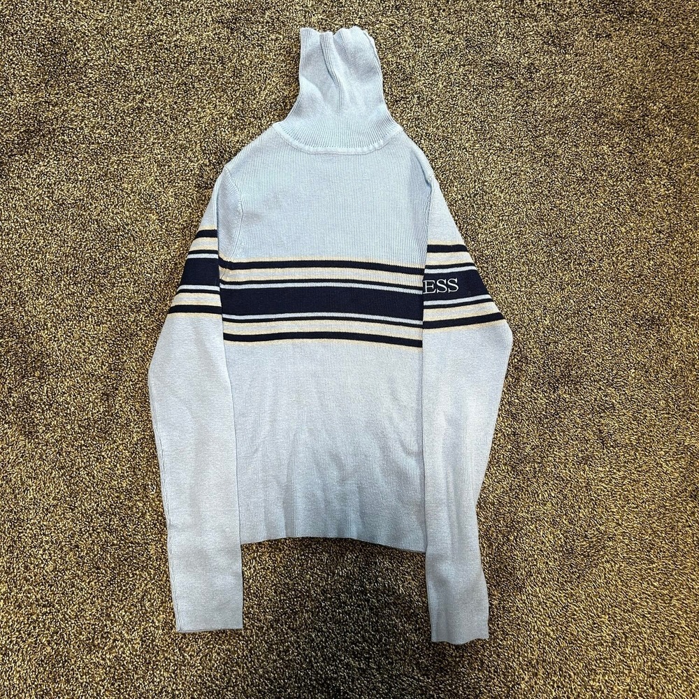 Vtg Guess Jeans Turtleneck Sweater Mens S Blue Excellent Striped Ribbed Knit